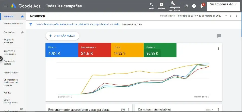 Grafico de Campaña de Google Ads, cliente posicionado en primera posicion